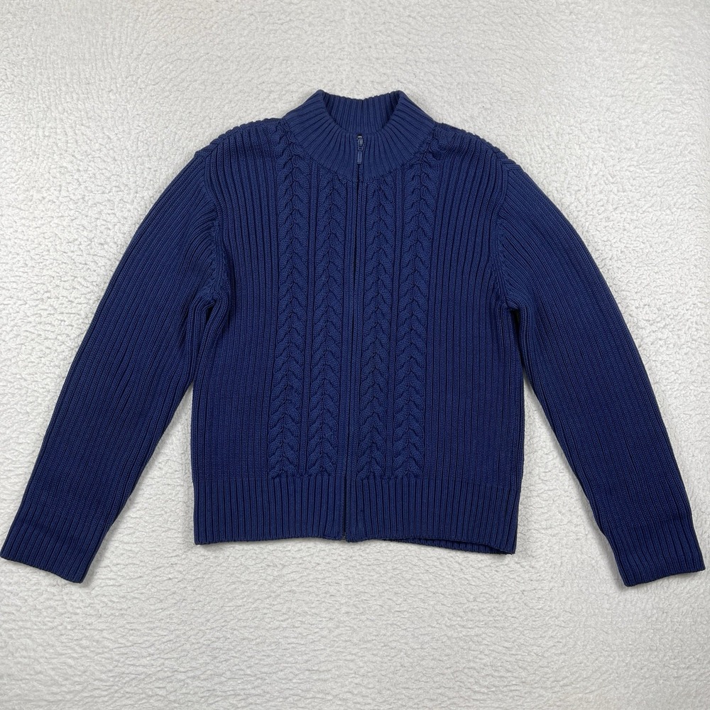 Talbots Sweater Womens XL Blue Full Zip Vintage Cable Knit Travel Work Vacation